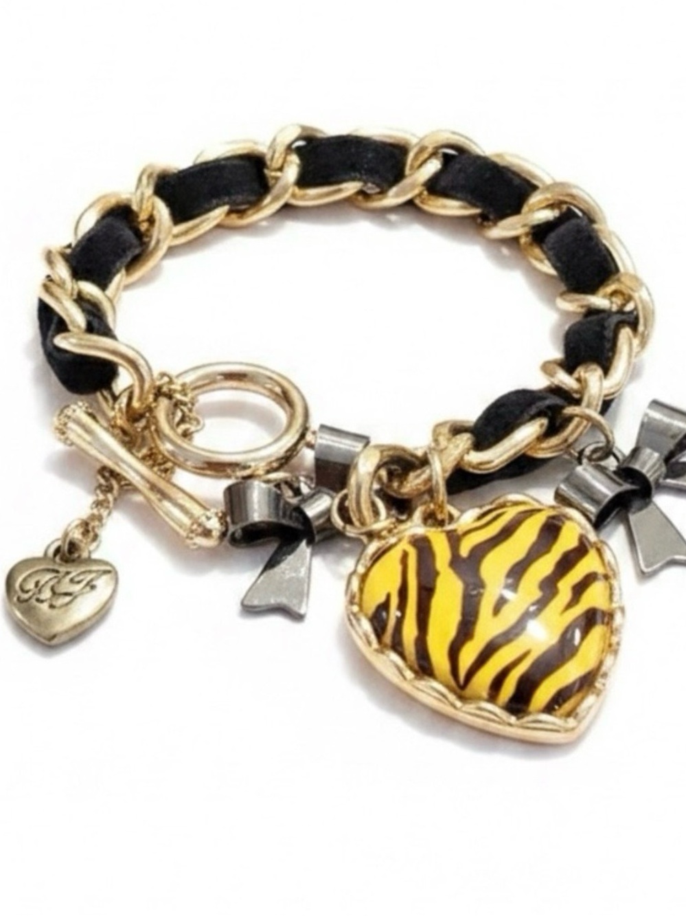 Betsey Johnson Gold Chain Bracelet with Black Leather Weave & Yellow Zebra Heart